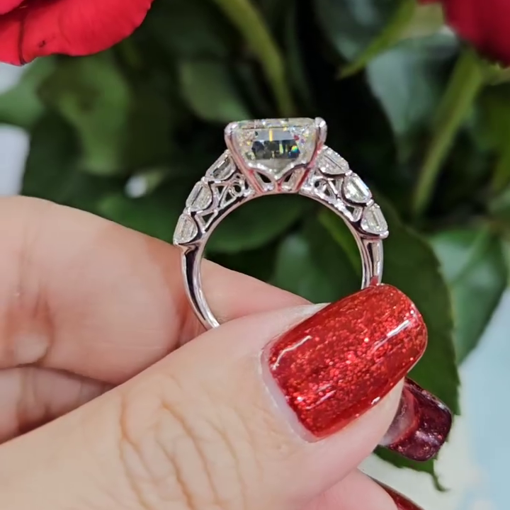 Emerald 11.40tcw Lab Diamond Ring | EF Color | Emerald Side Stones | IGI Certified