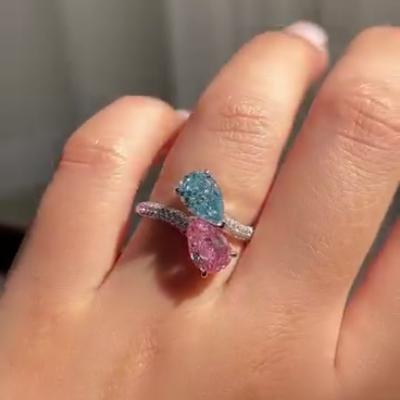 Bypass Style 2.50tcw Pink & Blue Pear Lab Grown Diamond Ring | Fancy Color | IGI Certified | Pave Band | Ethical Custom Engagement Ring