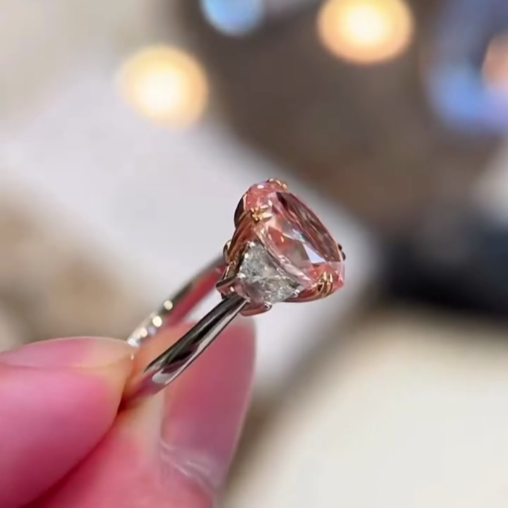 Oval Fancy Pink 3.00tcw Lab Grown Diamond Two Tone Three Stone Engagement Ring, VS Clarity