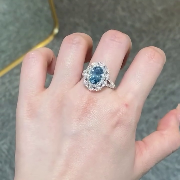 Oval 2.00ct Fancy Blue Lab Grown Diamond Engagement Ring | 5.00tcw Double Halo Ring | IGI Certified | White Gold | VVS–VS Clarity