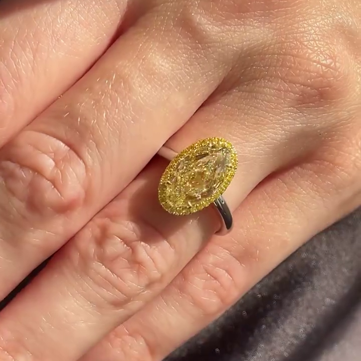 4.00ct Fancy Yellow Oval Diamond Halo Ring | 0.30ct Yellow Pavé | 14K White Gold | Statement Engagement Ring | Antique Cut Fine Jewelry