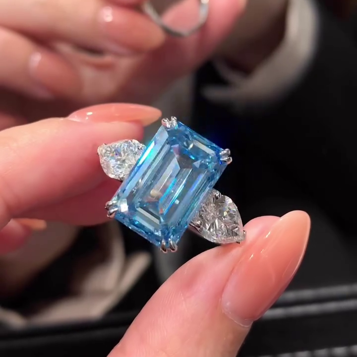 Fancy Blue Emerald 12.50tcw Lab Grown Diamond Three Stone Engagement Ring | IGI Certified