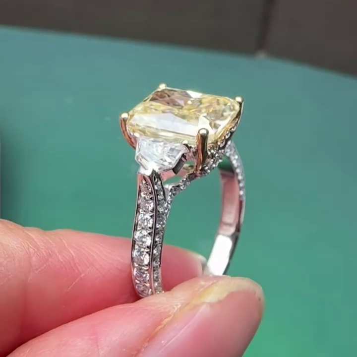 Radiant Fancy Yellow 4.00ct Lab Diamond Ring | 1.50ct White Side Stones | IGI Certified