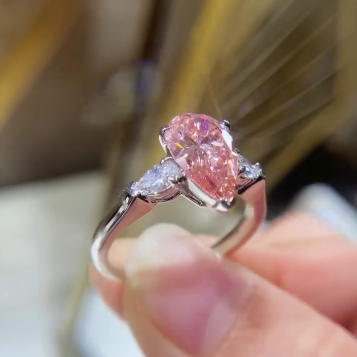 Pear Shape 2.60tcw Fancy Pink Lab Grown Diamond Engagement Ring | Three Stone Ring | 2.50ct Center | IGI Certificate