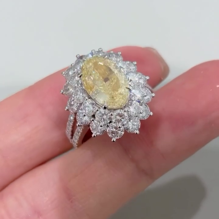 Yellow 1.50ct Lab Grown Diamond Halo Ring | Oval Fancy Yellow Diamond | 2.00ct White Side Stones | Double Halo Engagement Ring