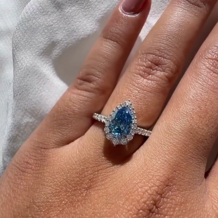 Fancy Blue Pear 6.00tcw Lab Grown Diamond Halo Engagement Ring | IGI Certified