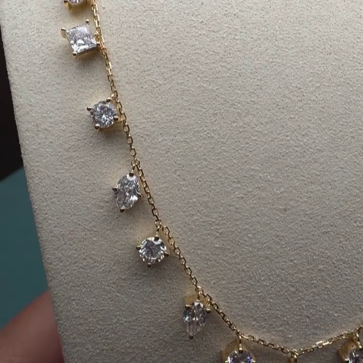 7.50tcw Lab Grown Diamond Dangle Necklace | Multi-Shape Round, Pear, Oval, Marquise, Emerald, Princess | Yellow Gold | IGI Certified