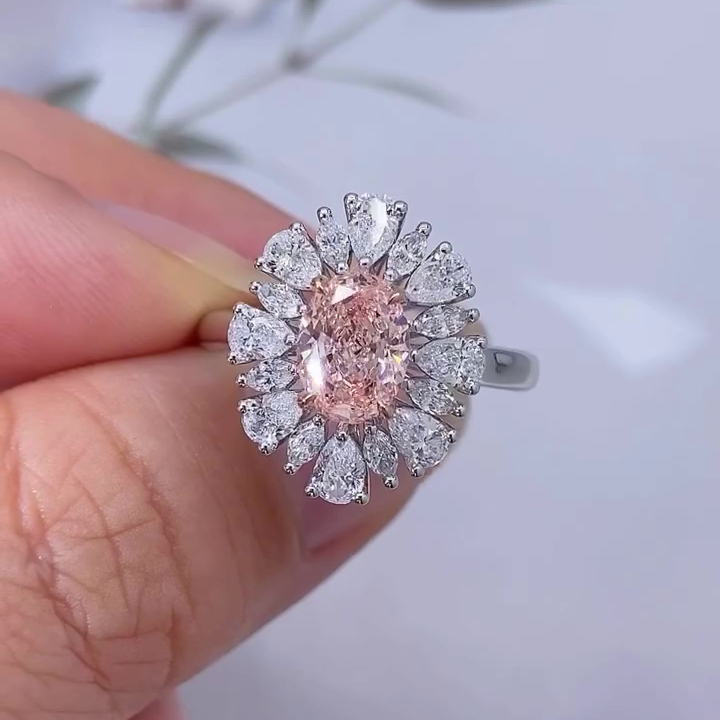 Fancy Pink Oval 2.70ct Lab Grown Diamond Engagement Ring | Double Halo And Side Stones | VVS-VS Clarity | IGI Certified