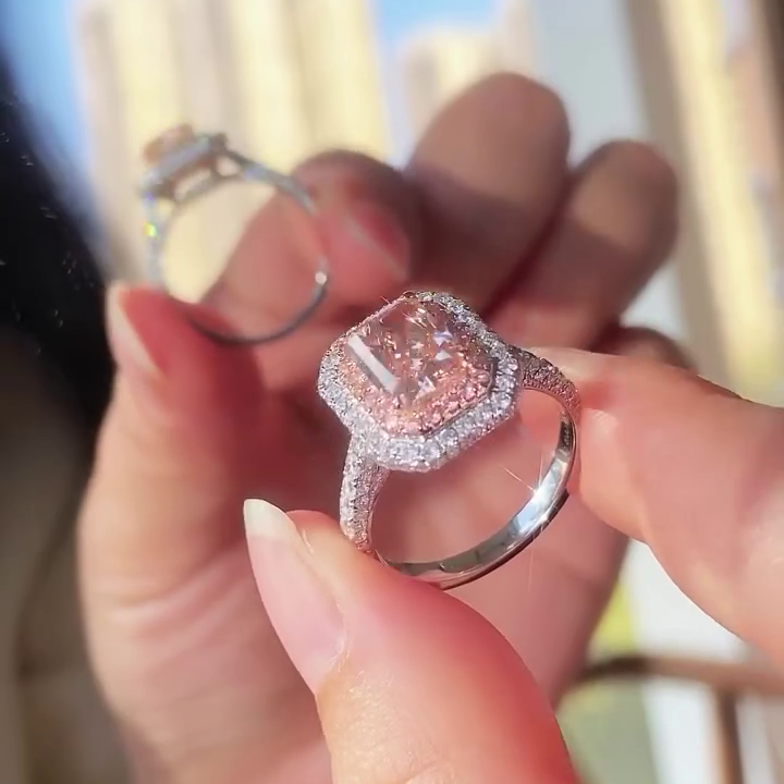 Fancy Pink Lab Diamond Ring 6.00tcw | 5ct Radiant Halo Engagement Ring | IGI Certified