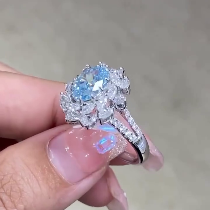 Fancy Blue Oval Lab Diamond Ring 5.00tcw with Floral Halo | VVS–VS IGI Certified