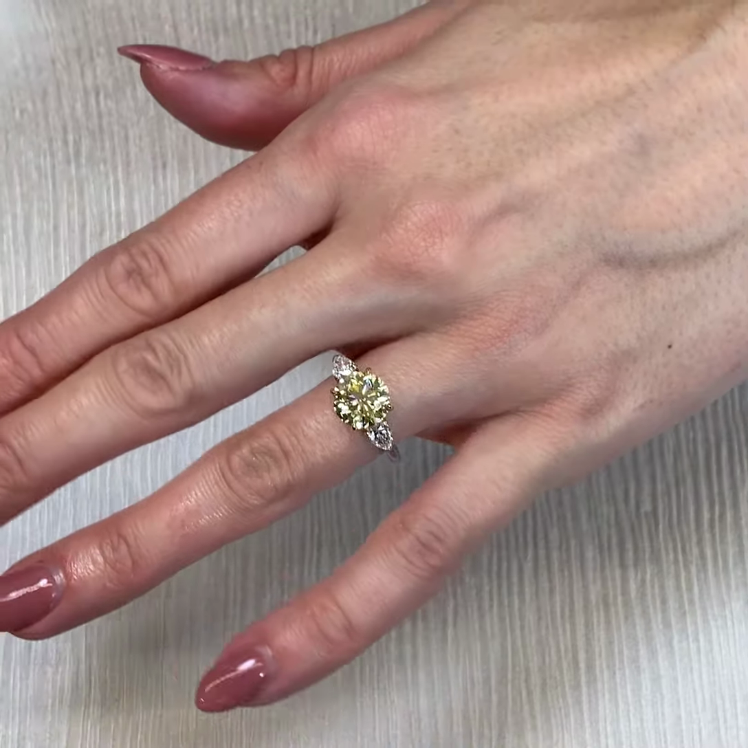 Round Fancy Yellow 3.50tcw Lab Diamond Two-Tone Three Stone Ring | IGI VS Clarity