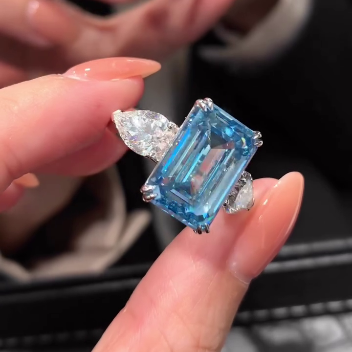 Fancy Blue Emerald 12.50tcw Lab Grown Diamond Three Stone Engagement Ring | IGI Certified