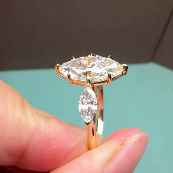 Marquise 3.60tcw Lab Grown Diamond Ring | 3.00ct Center + 0.60ct Marquise Side Stones | IGI Certified | Yellow Gold Three Stone Ring