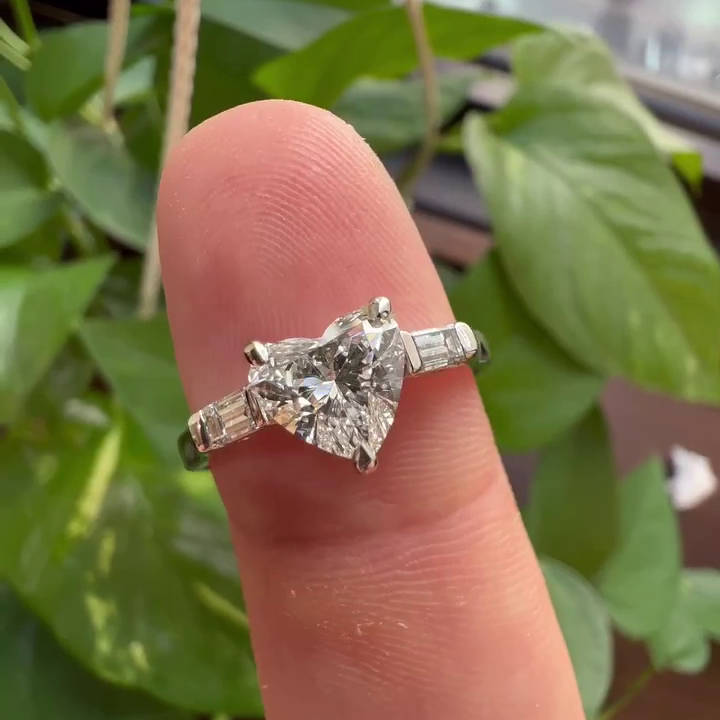 Heart 1.40tcw Lab Diamond Three Stone Ring | Baguette Accents | IGI Certified | DEF VVS–VS