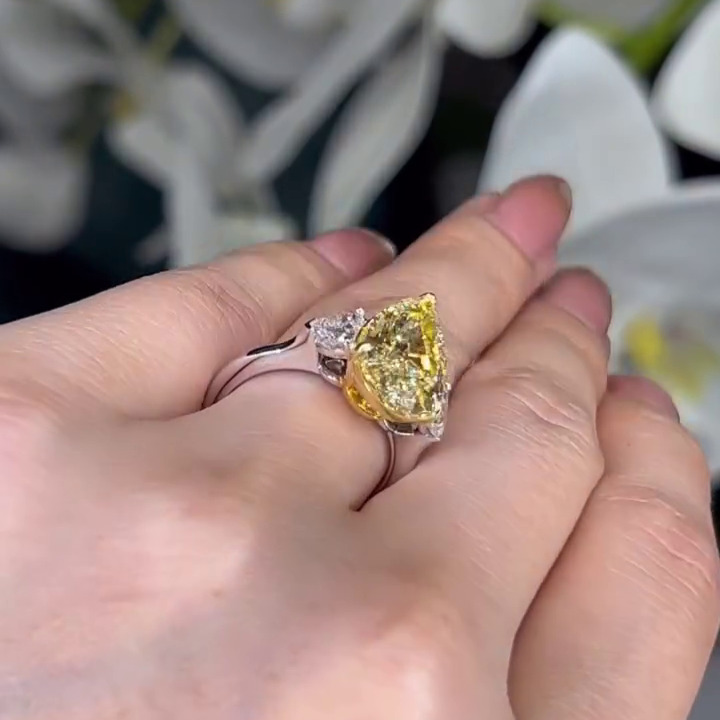 Pear Fancy Yellow 6.00tcw Lab Diamond Two Tone Three Stone Ring | Cathedral Setting | VVS–VS