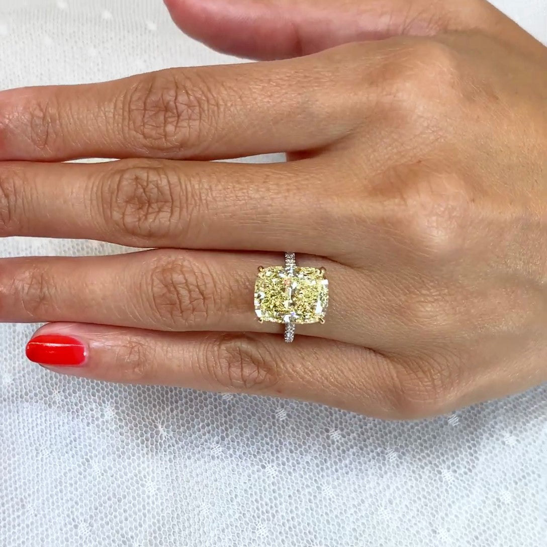 8.00tcw Cushion Fancy Yellow Lab Diamond Ring | IGI Certified | Two-Tone Hidden Halo Setting