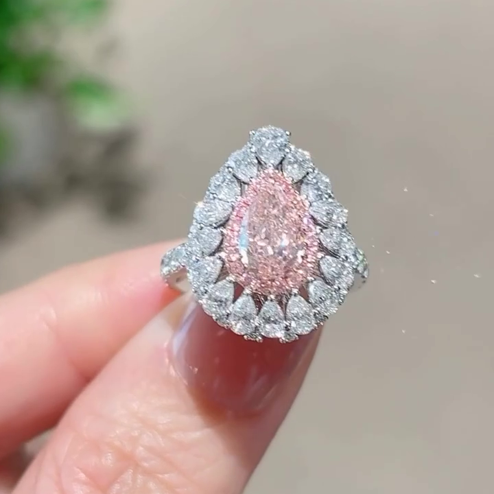 Pear Shape 4.50tcw Pink Lab Grown Diamond Halo Engagement Ring | 1.50ct Center | 3.00ct Side Stones | Fancy Pink Diamond | IGI Certified