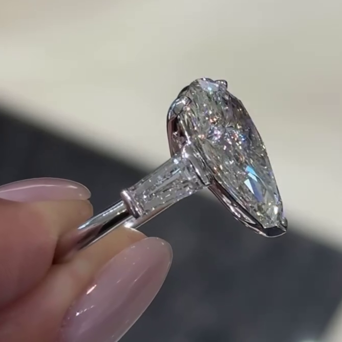 Pear 7.00ct Lab Grown Diamond Ring with 2.00ct Baguette Side Stones | IGI Certified F VS1 | Platinum Engagement Ring