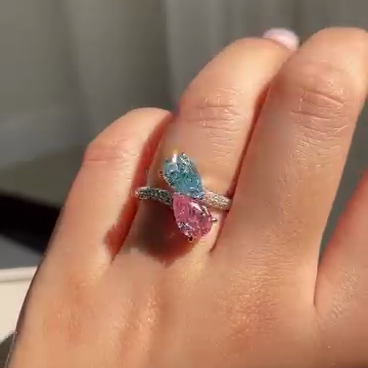 Bypass Style 2.50tcw Pink & Blue Pear Lab Grown Diamond Ring | Fancy Color | IGI Certified | Pave Band | Ethical Custom Engagement Ring