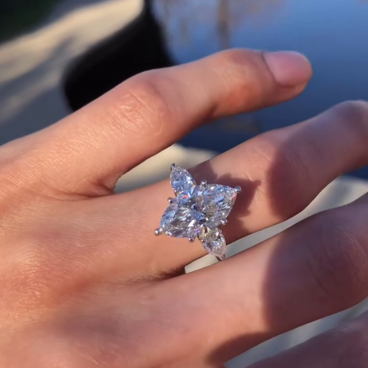 Marquise 3.80tcw Lab Grown Diamond Three Stone Engagement Ring, D-E-F Color, VVS-VS Clarity - IGI Certified