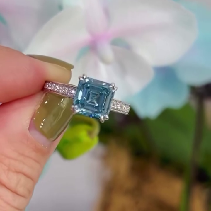 Fancy Blue Asscher 2.90tcw Lab Grown Diamond Engagement Ring | IGI Certified