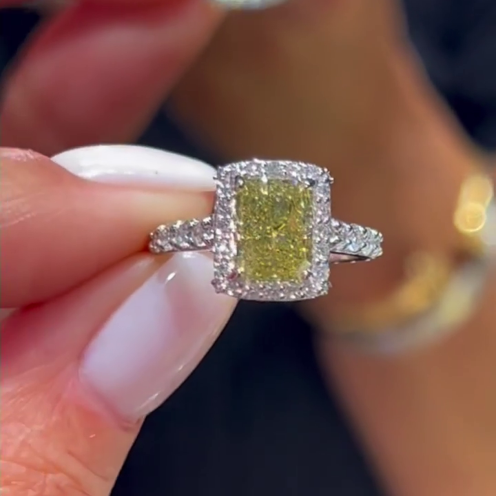 3.40tcw Cushion Cut Yellow Diamond Engagement Ring | Halo with Side Diamonds