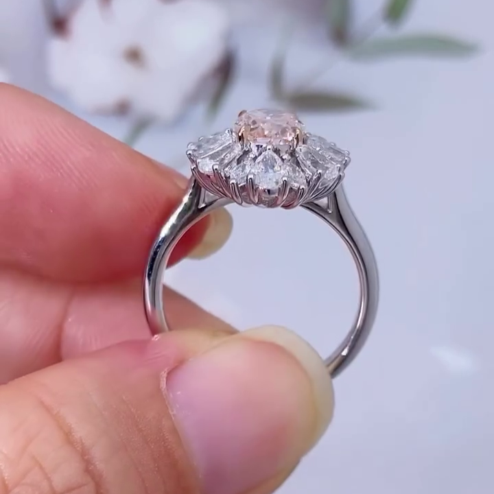 2.50tcw Oval Fancy Pink Lab Grown Diamond Halo Engagement Ring | Pear & Marquise Side Stones | VVS–VS Clarity | IGI Certified | 14k/18k Gold