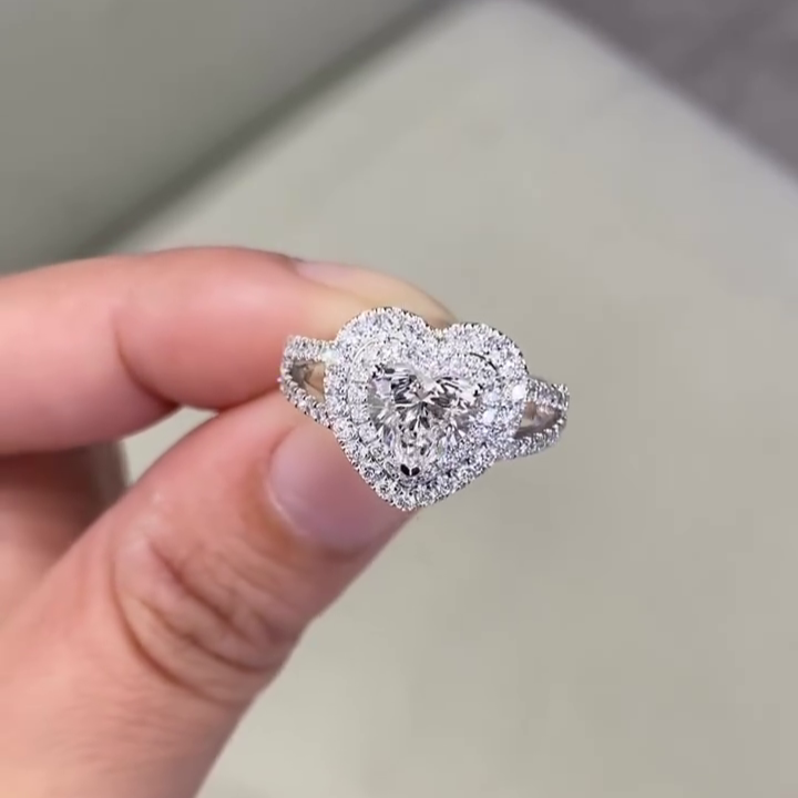 Heart 1.80tcw Lab Grown Diamond Engagement Ring | Double Halo | Split Shank Design | D-E-F Color | VVS–VS Clarity | IGI Certified