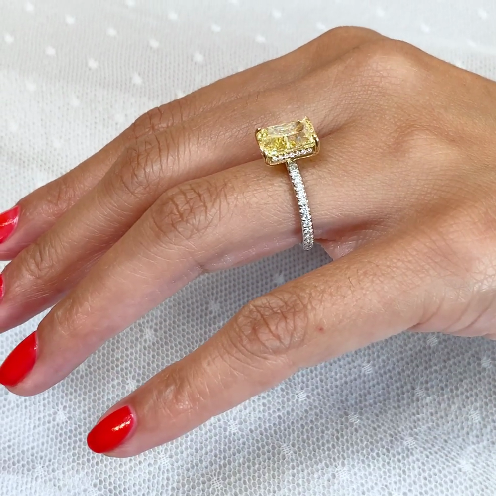 Radiant 3.90tcw Fancy Yellow Lab Diamond Ring | Two-Tone | Hidden Halo | IGI Certified