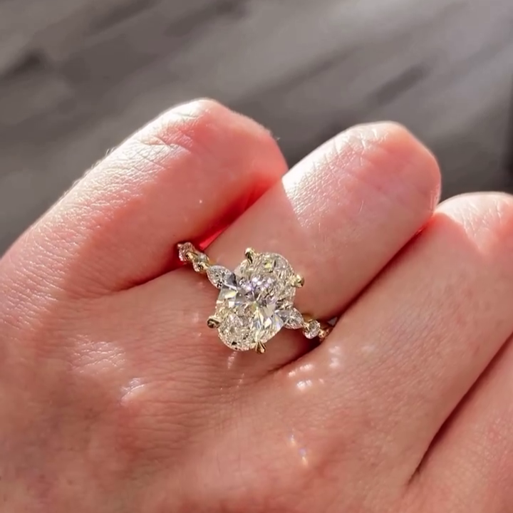 Oval 5.00tcw Lab Grown Diamond Engagement Ring | 4ct Center + 1ct Side | IGI Certified | Yellow Gold