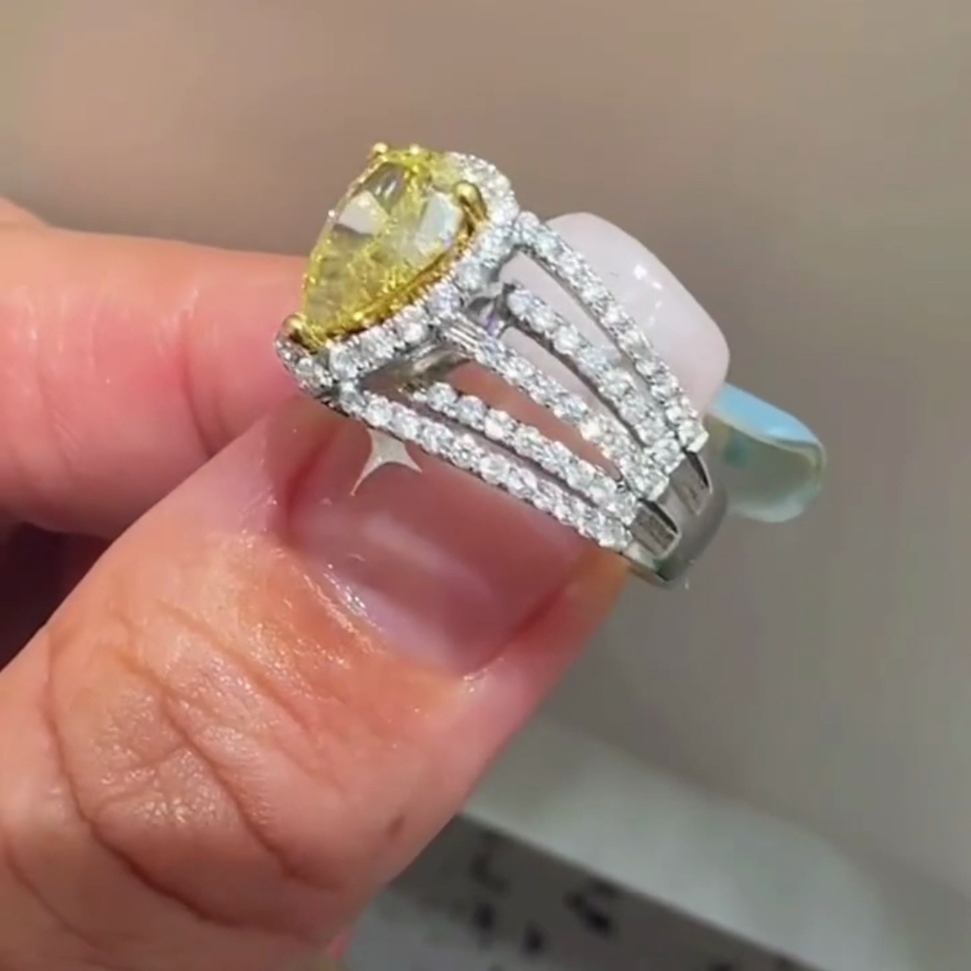Fancy Yellow 3.00tcw Pear-Shaped Lab Diamond Engagement Ring | Pavé Split Shank