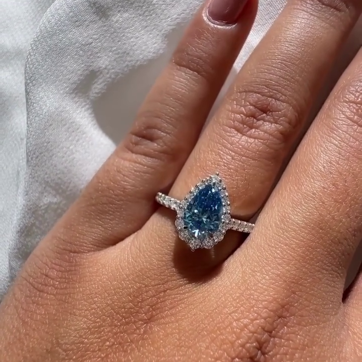 Fancy Blue Pear 6.00tcw Lab Grown Diamond Halo Engagement Ring | IGI Certified
