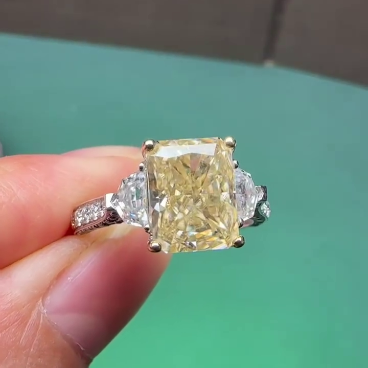 Radiant Fancy Yellow 4.00ct Lab Diamond Ring | 1.50ct White Side Stones | IGI Certified