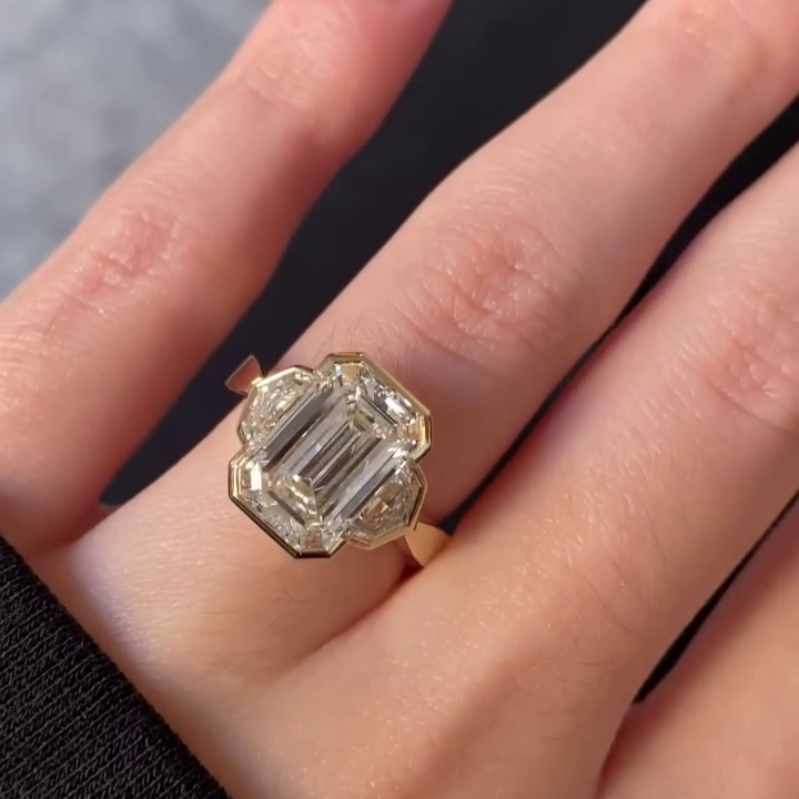 Emerald 2.60tcw Lab Grown Diamond Bezel Engagement Ring with Half Moon Side Stones