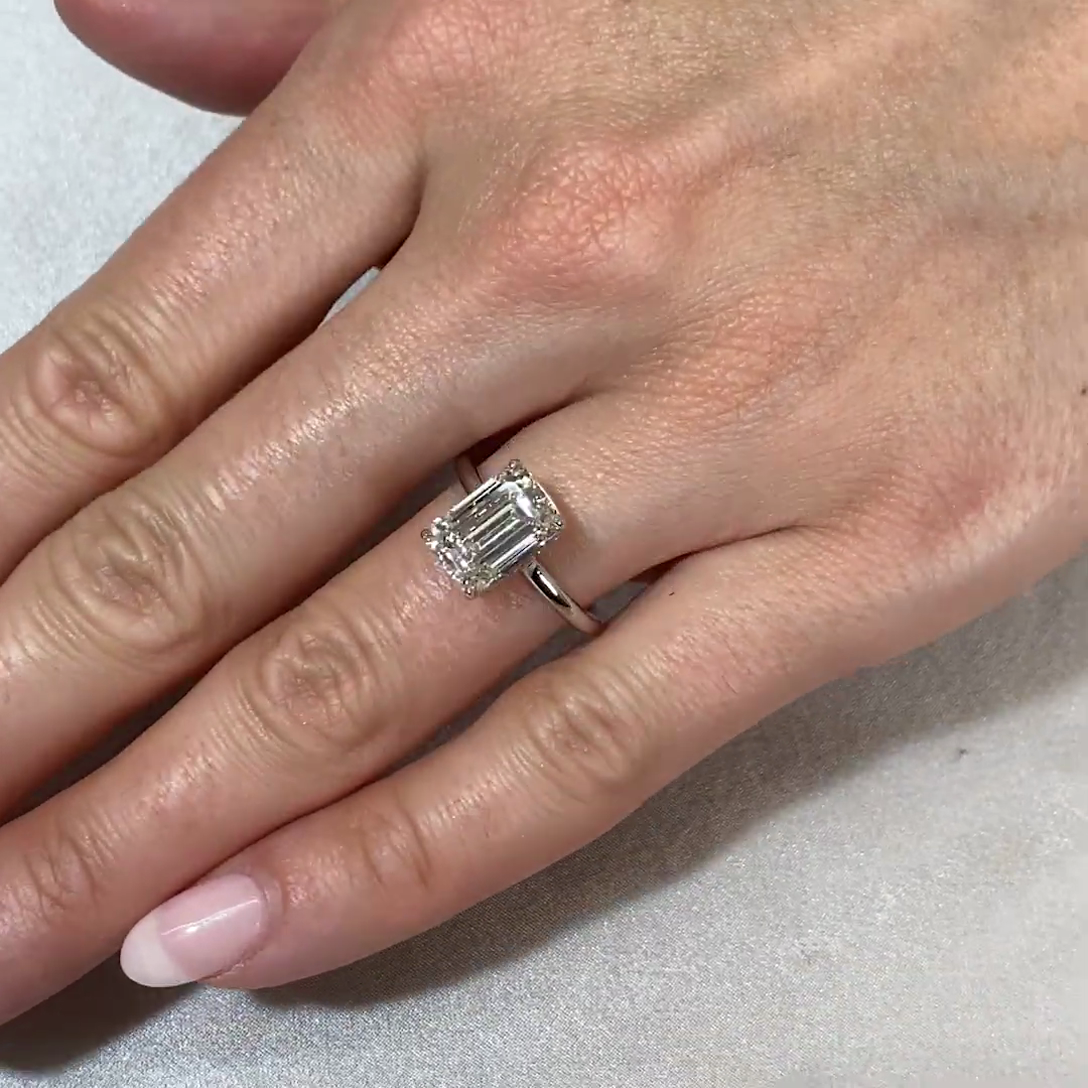 3.10tcw Emerald Lab Diamond Engagement Ring | Hidden Halo | Baguette Accents | IGI Certified