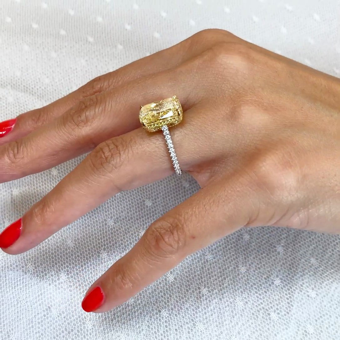 8.00tcw Cushion Fancy Yellow Lab Diamond Ring | IGI Certified | Two-Tone Hidden Halo Setting