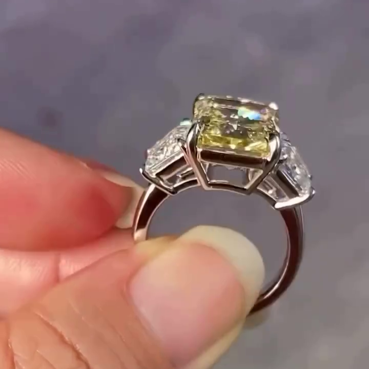 12.50tcw Fancy Yellow Radiant Lab Grown Diamond Ring | 2.5ct Trapezoid Side Stones | Three Stone Engagement Ring | White Gold | IGI Certified