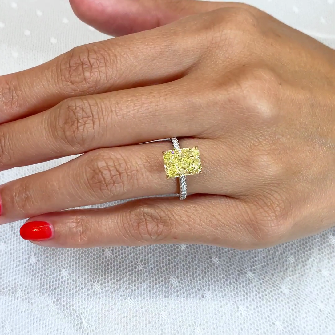 Radiant 3.90tcw Fancy Yellow Lab Diamond Ring | Two-Tone | Hidden Halo | IGI Certified