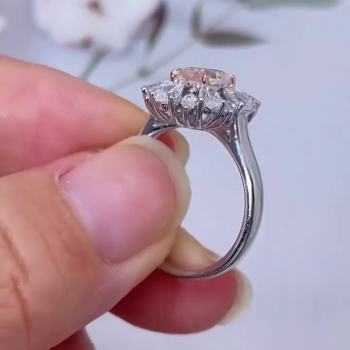 2.50tcw Oval Fancy Pink Lab Grown Diamond Halo Engagement Ring | Pear & Marquise Side Stones | VVS–VS Clarity | IGI Certified | 14k/18k Gold