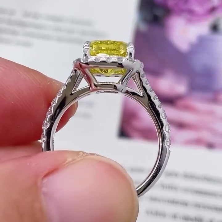 3.50tcw Fancy Yellow SQ.Cushion Lab Diamond Ring | Halo Split Style | IGI Certified