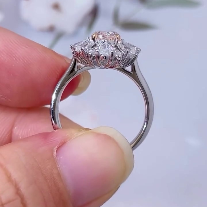 Fancy Pink Oval 2.70ct Lab Grown Diamond Engagement Ring | Double Halo And Side Stones | VVS-VS Clarity | IGI Certified