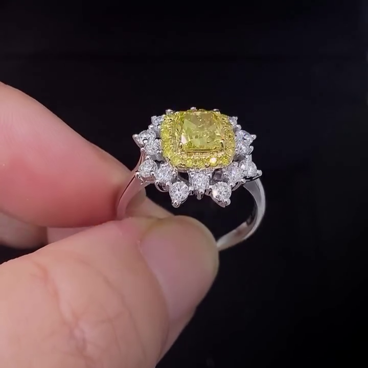 2.30tcw Fancy Yellow Cushion Lab Grown Diamond Double Halo Ring | IGI Certified 1ct Center | Gold Engagement Ring