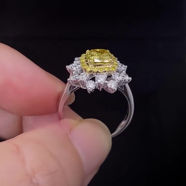2.30tcw Fancy Yellow Cushion Lab Grown Diamond Double Halo Ring | IGI Certified 1ct Center | Gold Engagement Ring