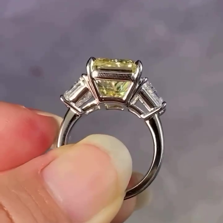 12.50tcw Fancy Yellow Radiant Lab Grown Diamond Ring | 2.5ct Trapezoid Side Stones | Three Stone Engagement Ring | White Gold | IGI Certified