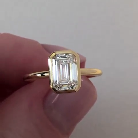 Emerald Cut 1.70ct Lab Grown Diamond Bezel Engagement Ring | Minimalist Solitaire | IGI Certified | Yellow Gold | Ethical Jewelry