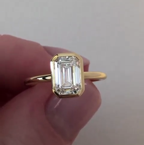 Emerald Cut 1.70ct Lab Grown Diamond Bezel Engagement Ring | Minimalist Solitaire | IGI Certified | Yellow Gold | Ethical Jewelry