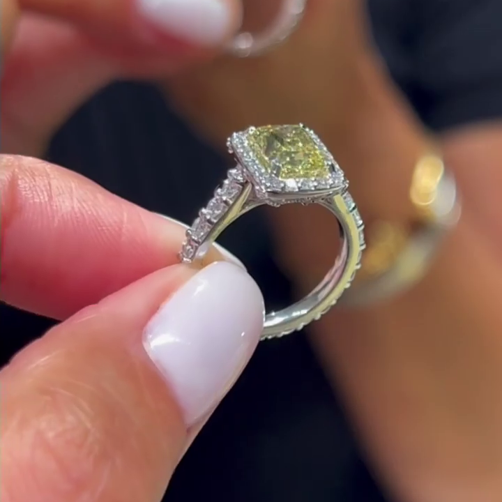 3.40tcw Cushion Cut Yellow Diamond Engagement Ring | Halo with Side Diamonds