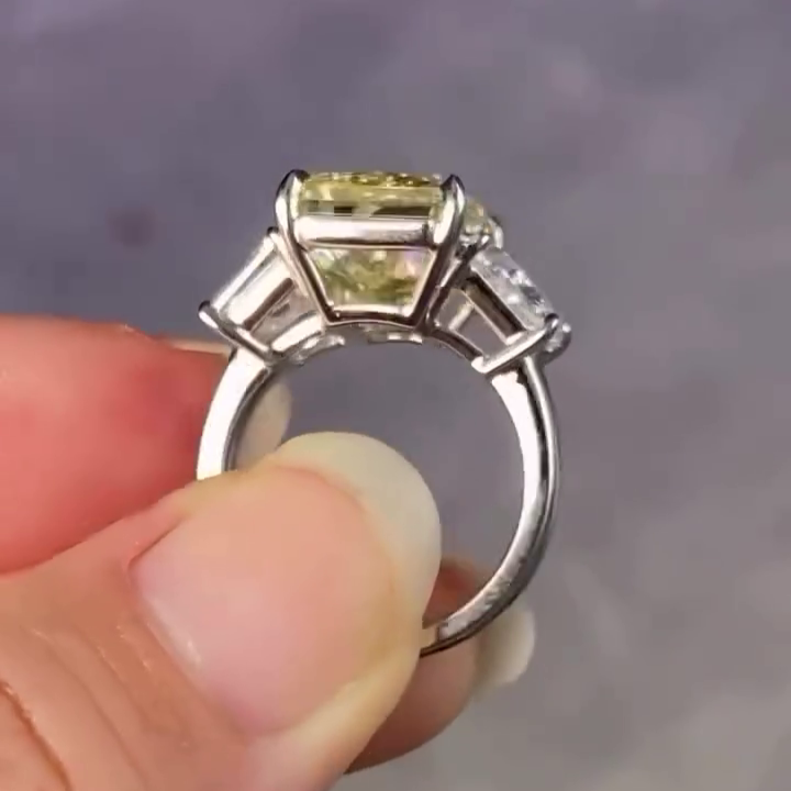 12.50tcw Fancy Yellow Radiant Lab Grown Diamond Ring | 2.5ct Trapezoid Side Stones | Three Stone Engagement Ring | White Gold | IGI Certified