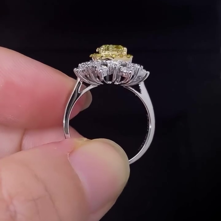 2.30tcw Fancy Yellow Cushion Lab Grown Diamond Double Halo Ring | IGI Certified 1ct Center | Gold Engagement Ring