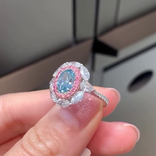 Oval Fancy Blue 3.30tcw Lab Diamond Double Halo Ring | IGI Certified | Pink & Marquise